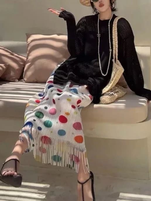 High Waist Korean Style Beach Vacation Long Skirt Women's Fashionable Tassel Half Body Skirt Versatile Slimming Design