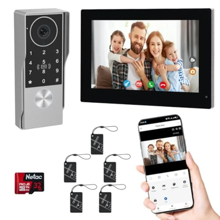 Video doorbell intercom system for home security, ABS plastic, black, 1080P resolution with 7-inch touch screen, waterproof des