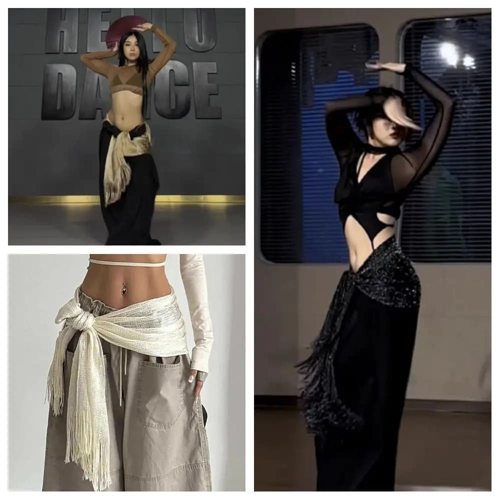 New Long Flowy Fringe Tassel Fabric Scarf Y2K Streetwear Harajuku Dance Accessories Solid Color Butt Curtain