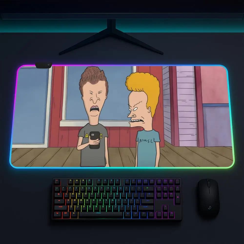 Tappetino per mouse BeavisandButthead Tappetino per mouse da gioco Anime Tappetini da tavolo a LED Tappetini da scrivania retroilluminati in gomma XXL RGB