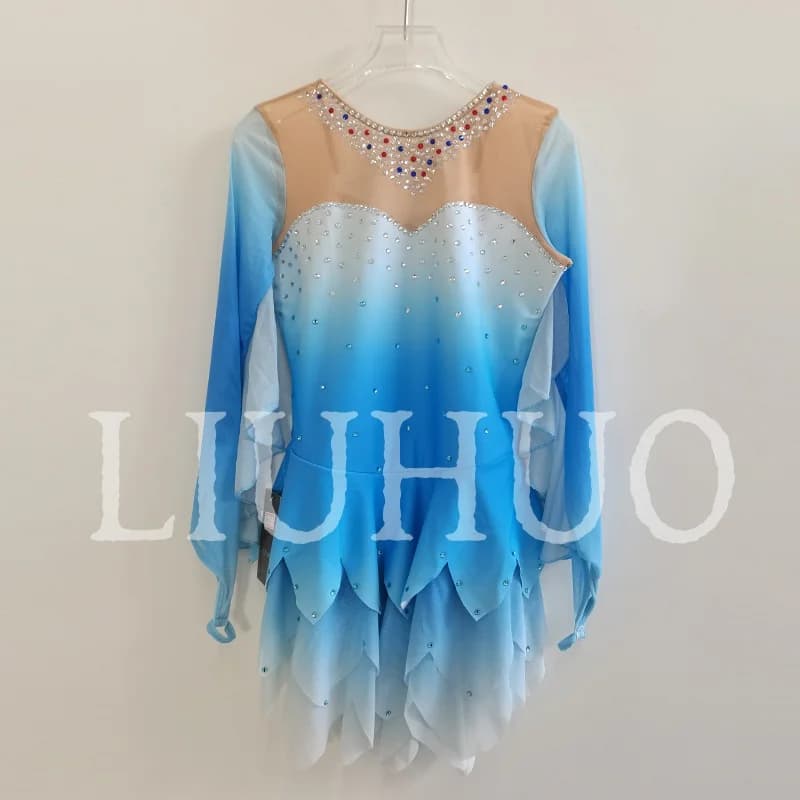 LIUHUO Pattinaggio di Figura sul Ghiaccio Vestito Delle Ragazze Delle Donne Adolescenti Elastico Spandex Gradiente Blu Concorrenza All'ingrosso BD9156