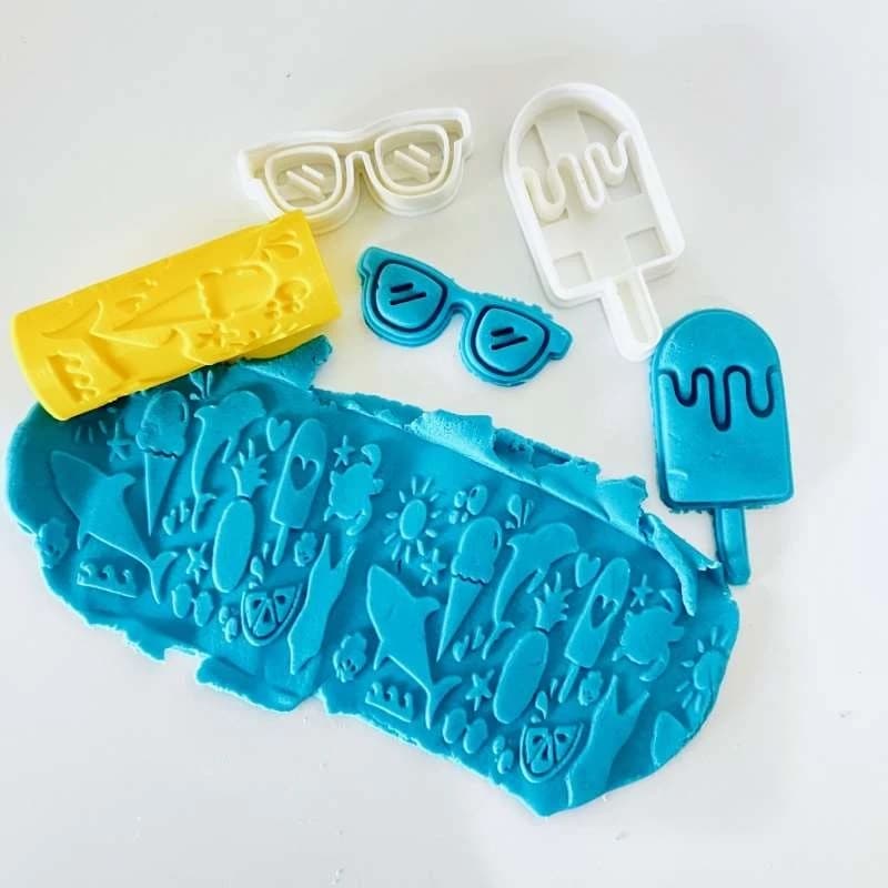 Summer Fun Textured Roller Set Playdough Stamp and Cutter Kit for Kids Summer Themed Craft Activity