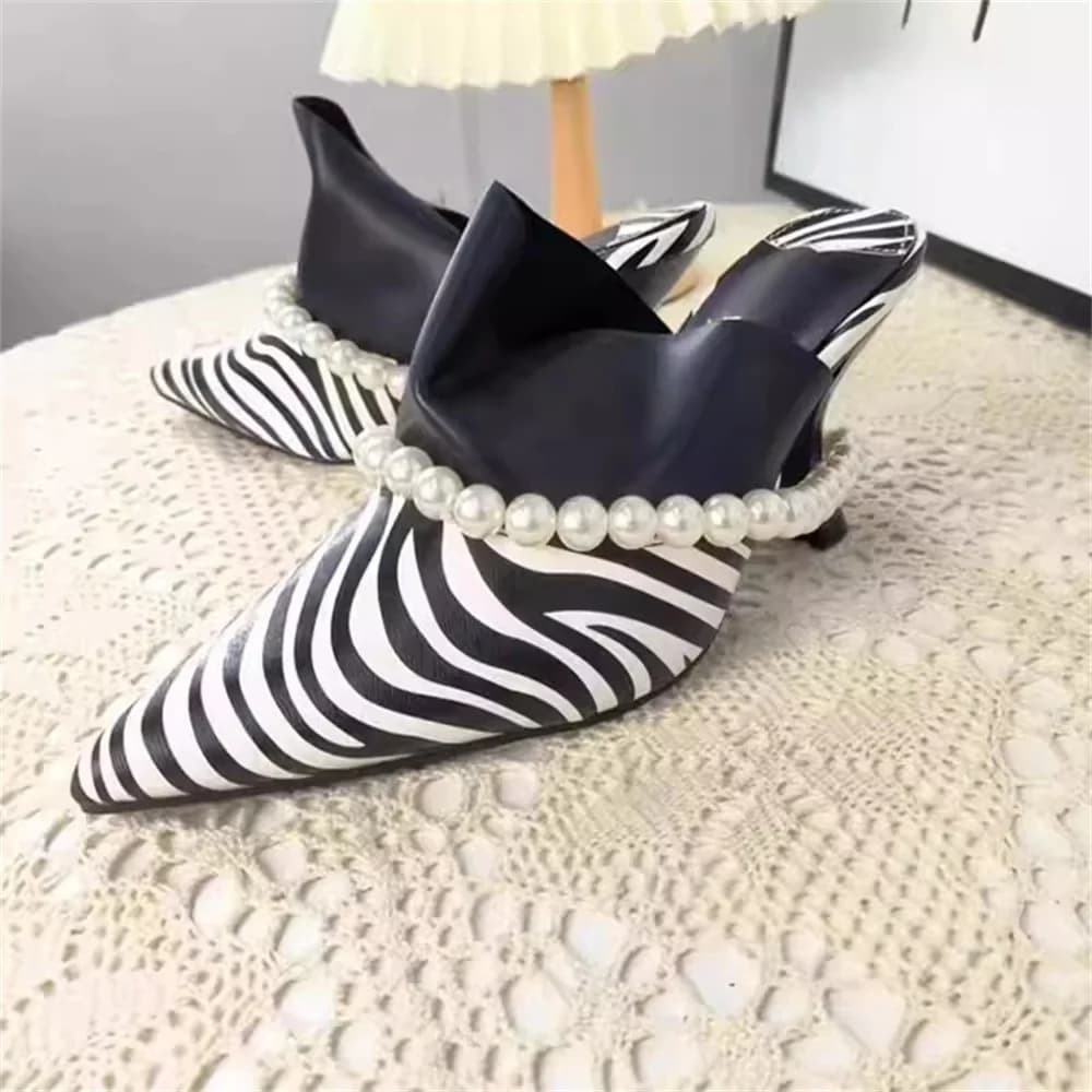 Fashion Zebra pattern Pointed Toe High Heel Women Sandals Pearl Chain Decor Mixed Color Slippers Lady Summer Slingback Pumps