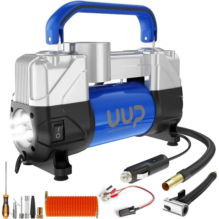 Pompa d'aria portatile resistente con luce LED di emergenza per camion SUV Auto RV 150PSI 12V DC Doppi cilindri Gonfiatore per pneumatici Air Com