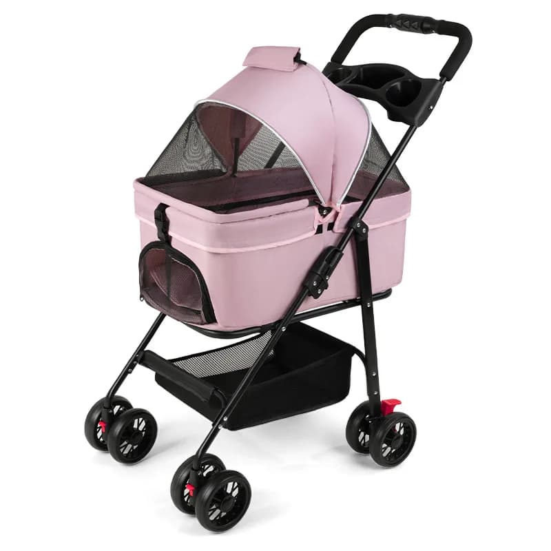 Double Pet Stroller with Detachable Carrier 4-Wheel Dog & Cat Trolley Zipper Closure Portable and Breathable Storage Basket