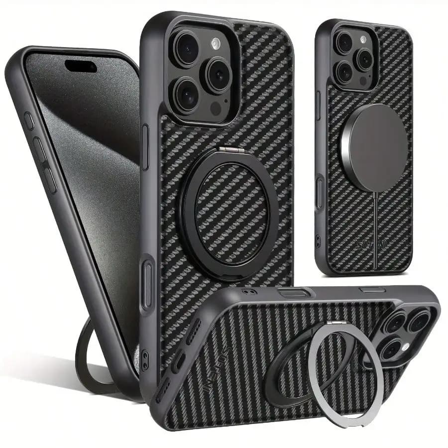 Carbon Fiber 360° Rotating Magnetic Phone Case Compatible with iPhone 17, Air, 16, 15, 14, 13 Pro Max, and Plus models