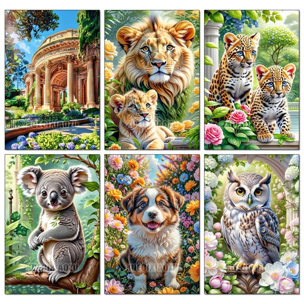 Kit Pittura Diamante Fai da Te Animali: Leone, Koala, Gufo - Mosaico Diamantato, Set Punto Croce, Puzzle con Strass, Decorazione Regalo Fai da Te