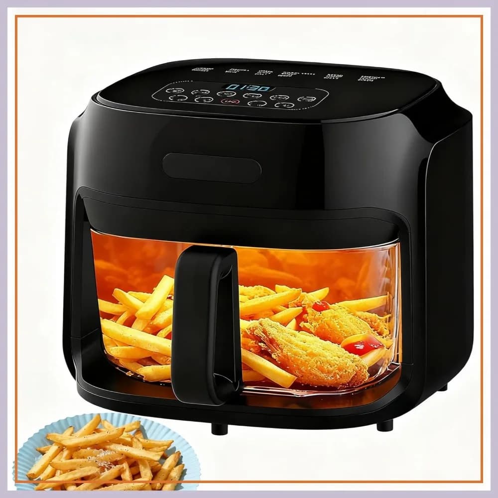 Friggitrice ad aria in vetro da 7,3 litri con ciotola trasparente, 360 ° Circolazione dell'aria calda, 5 preimpostazioni, riscaldamento rapido da 1200W, lavabile in lavastoviglie