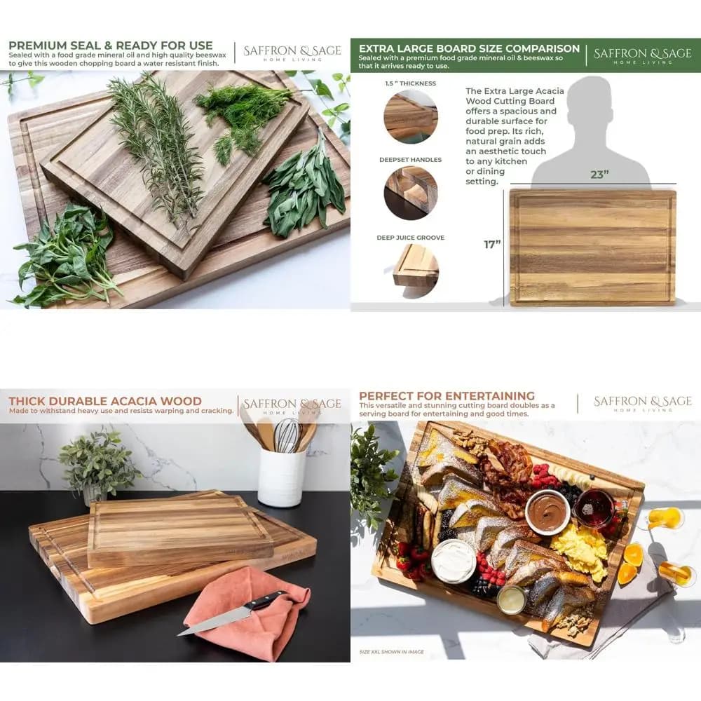 Acacia wood cutting boards 1,5, 23x17 inches - Reversible for kitchen and meats, groove for deep juices