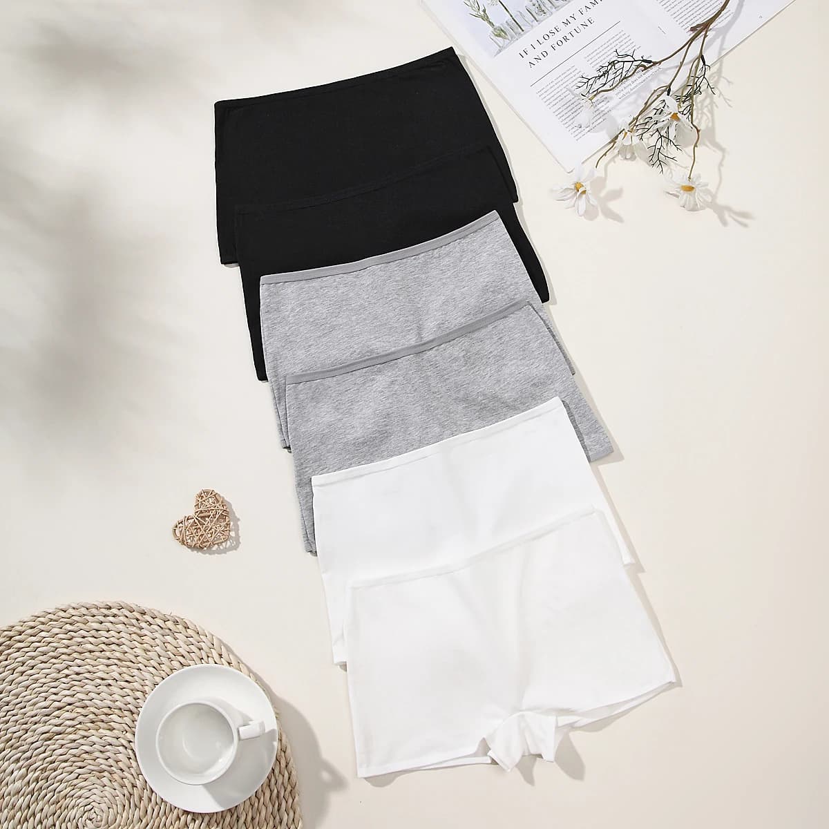 6-Pack Basic Black White Grey Ladies Cotton Underwear Simple Flat Briefs Women's Boxer Shorts