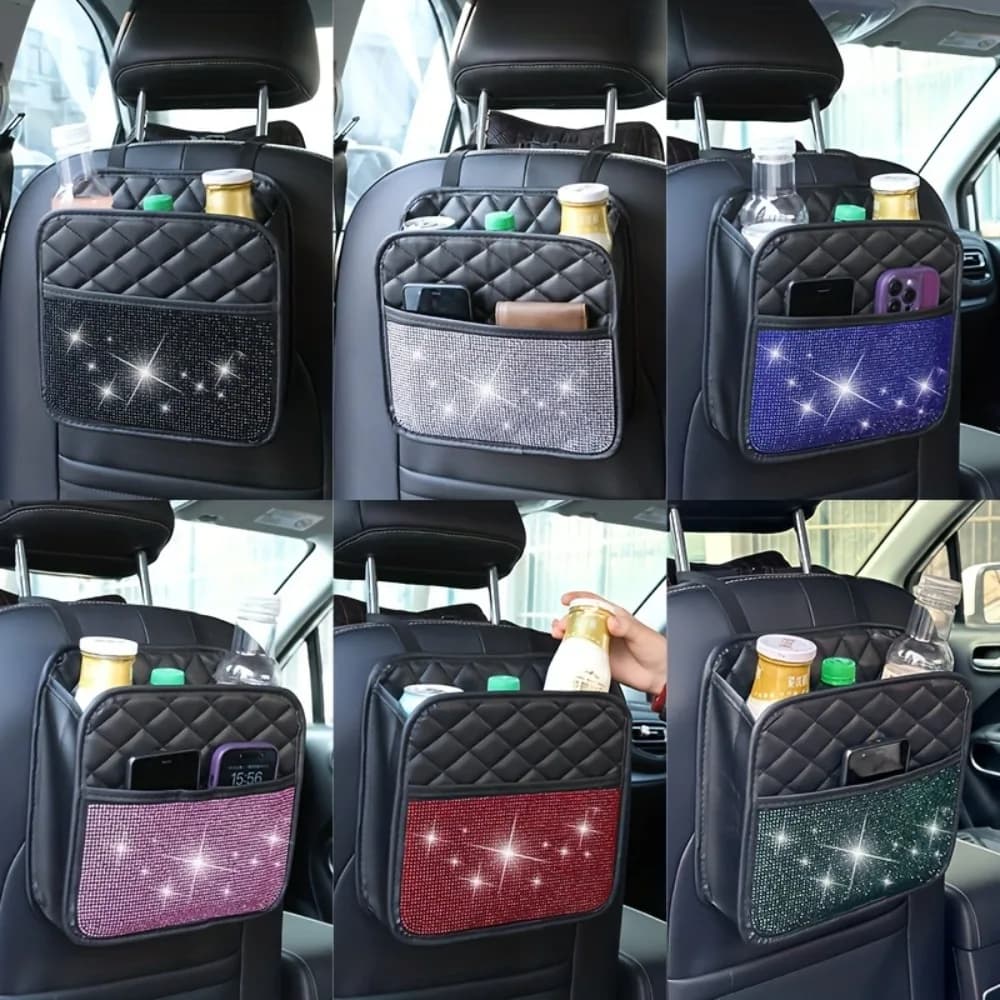 Borsa portaoggetti in pelle con strass per organizer per schienale per seggiolino auto con scomparti multifunzionali Accessori durevoli ed eleganti