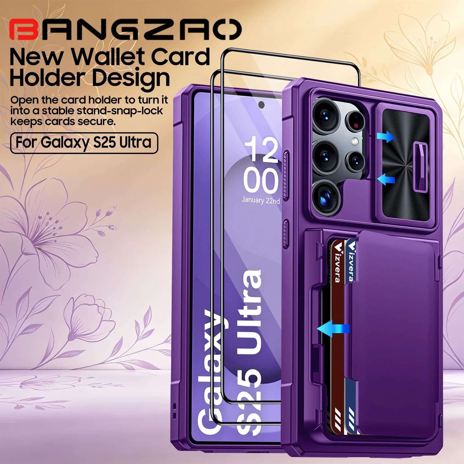 Custodia per Samsung S25 Ultra con slot per carte RFID e protezione per obiettivo, cover antiurto - Ottima idea regalo per la Festa della Mamma - Viola