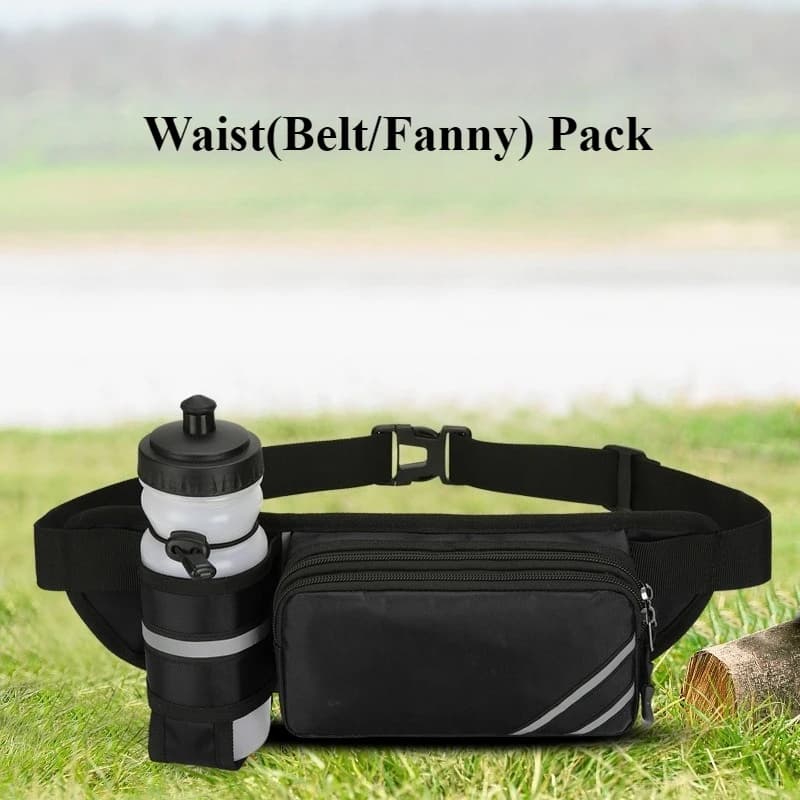 Marsupio with bottle holder, adjustable strap for travel/excursionism, breathable mesh backrest and reflective strip for cycling/travelling