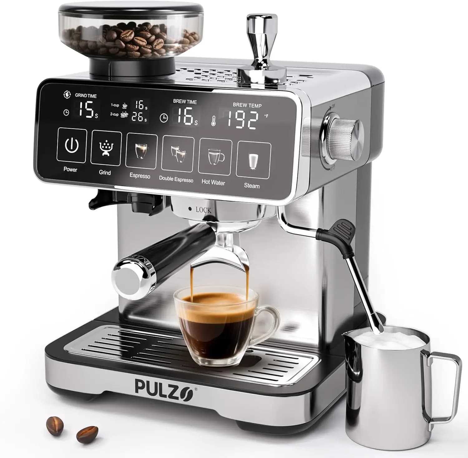 Espresso Machine with Grinder, 20 Bar Professional Coffee Machine with Milk Frother, All-in-One Stainless Steel Coffee Maker to