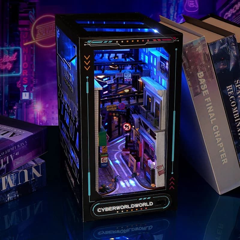Kit di costruzione in miniatura per angolo di libri in legno fai-da-te Kit di costruzione in miniatura Cyberrpunk World Scaffale per montaggio Fermalibri per regali di compleanno per adulti