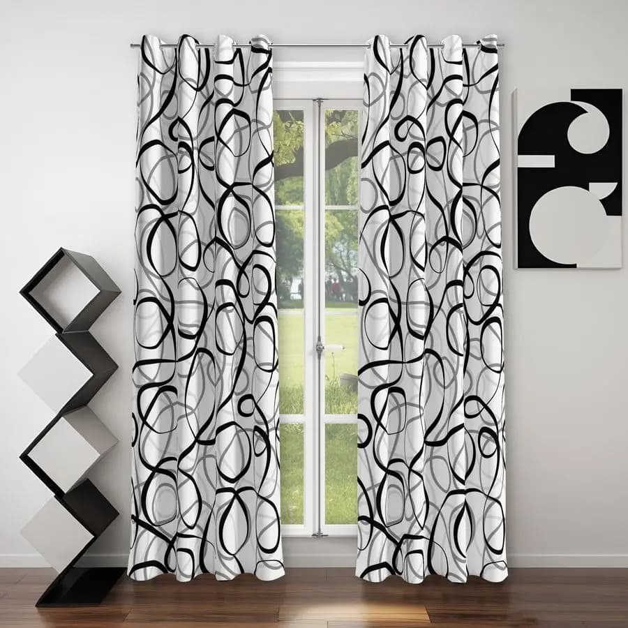 Black Geometric Curtains, Grigies and Whites, Set of 2 Panels, Modern Abstract Pattern, Dark and Thermal Insulating
