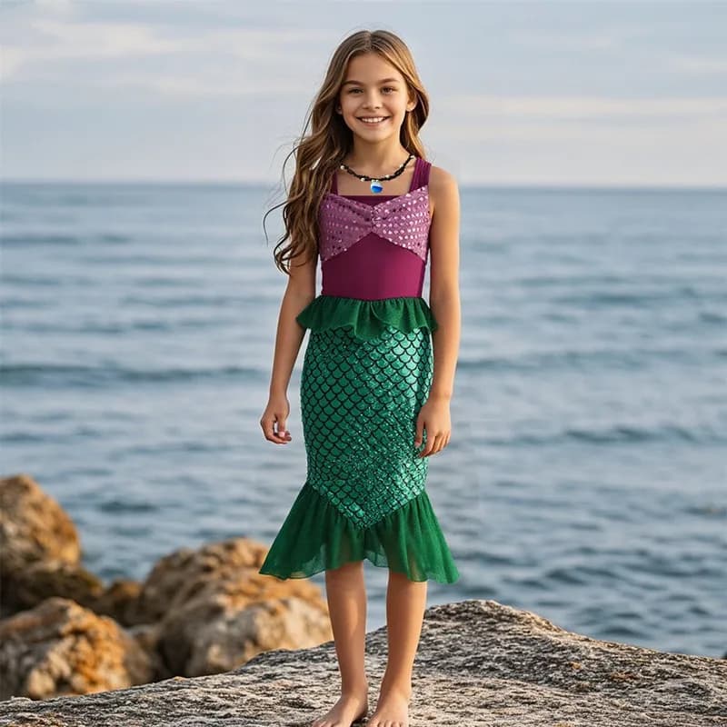 Abito da coda a sirena 3-12 anni Costume da principessa scintillante con collana oceanica gratuita Abbigliamento da spettacolo per feste per compleanno Halloween