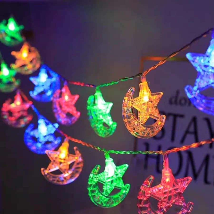 1 pz Luci LED a stringa a forma di luna crescente e stella multicolore, luci decorative fatate per Ramadan, Eid, decorazioni per camera da letto e patio