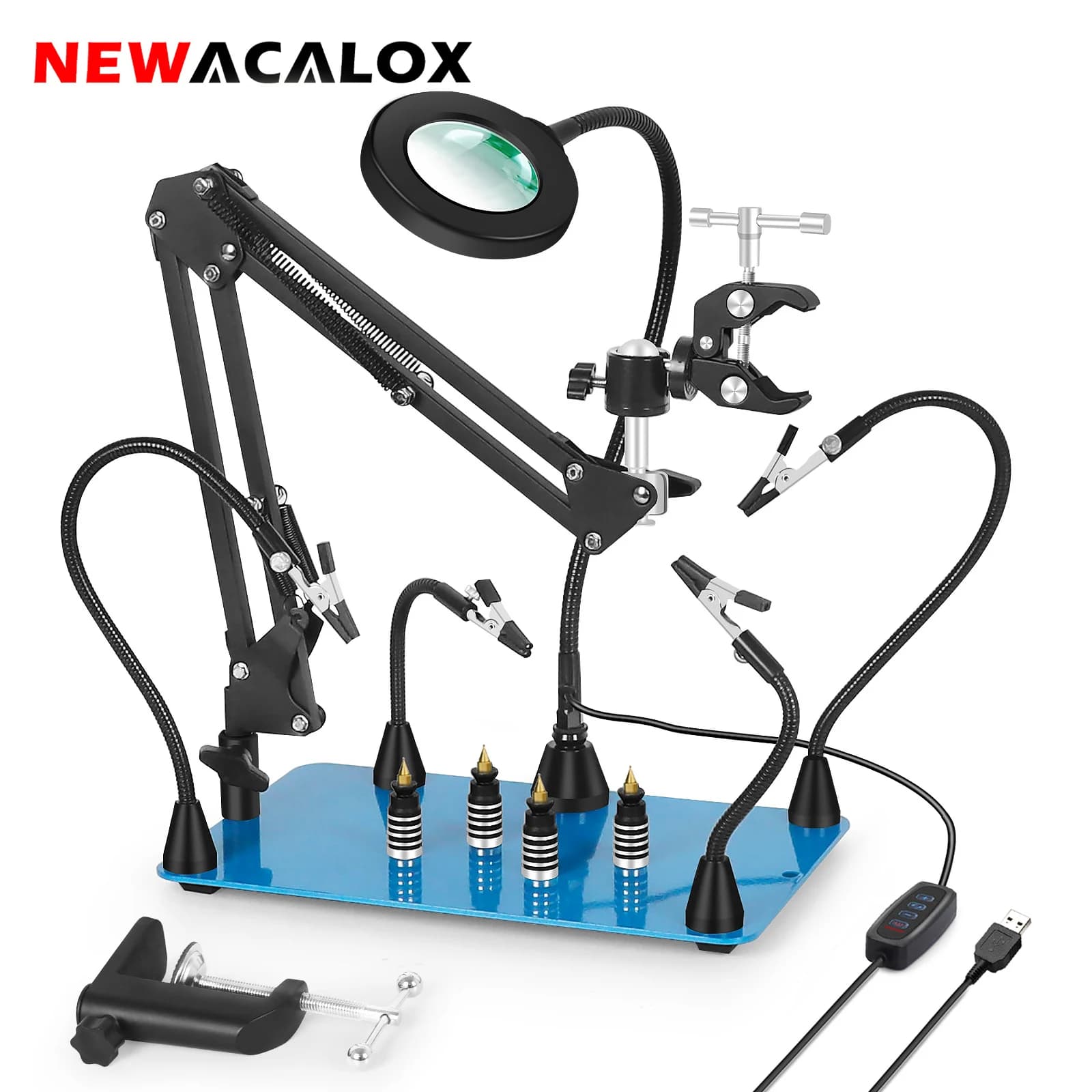 NEWACALOX Saldatura magnetica Terza mano Base grande piastra di ferro Supporto per pistola termica Clip PCB Lente d'ingrandimento 3X LED Stazione di lavoro di saldatura