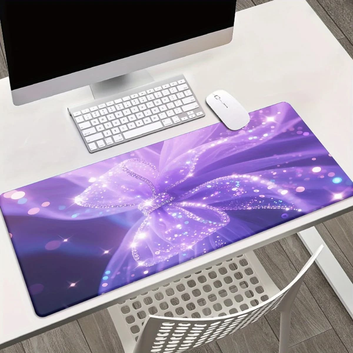 Tappetino per mouse XXL con farfalla viola scintillante, tappetino da scrivania grande per tastiera da gaming, in gomma antiscivolo