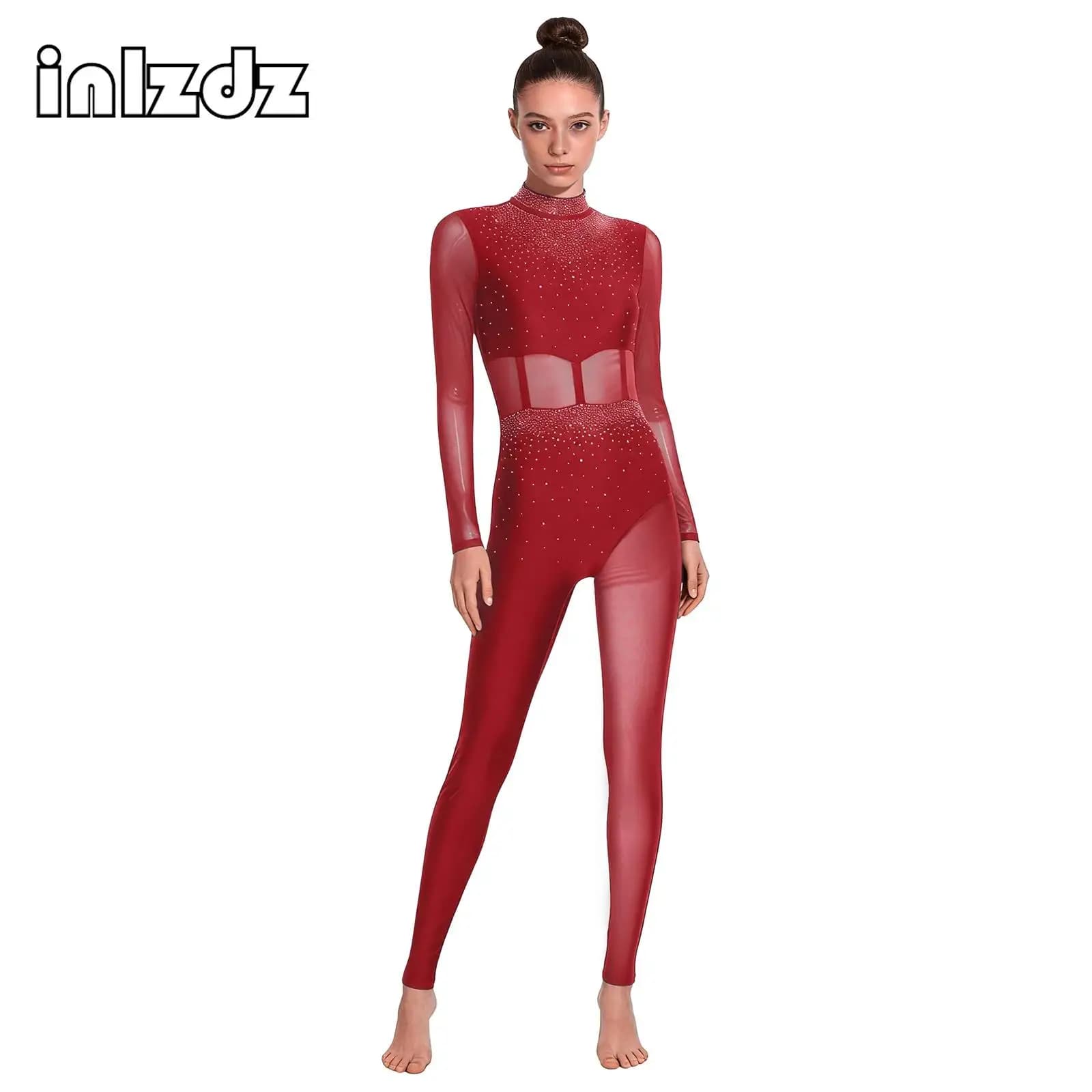 Costume da Pattinaggio Artistico per Donna, Tuta Intera con Strass e Rete per Danza, Ginnastica e Spettacoli