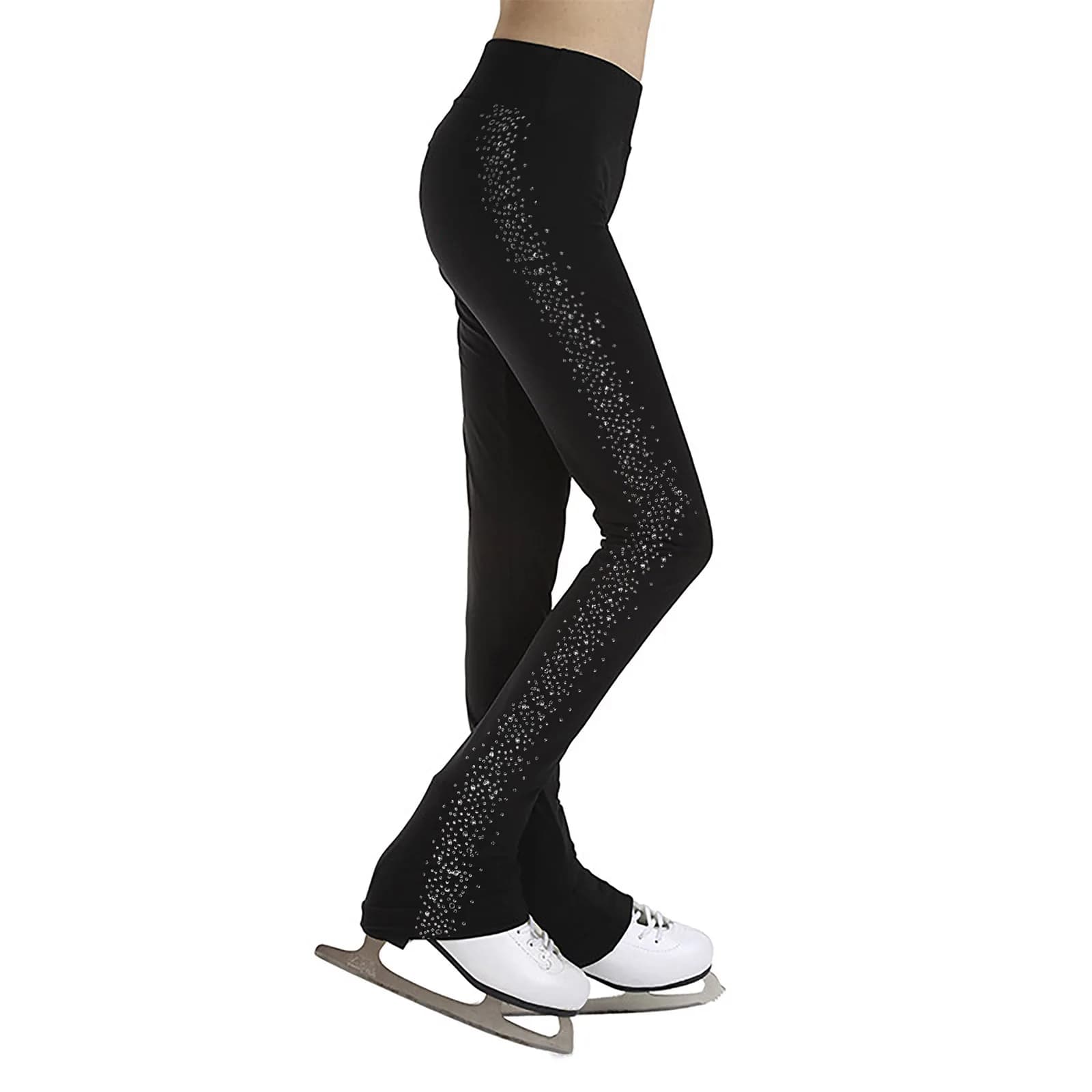 Pantaloni da Pattinaggio Artistico per Bambine con Strass Laterali, Leggings Senza Piedi per Allenamento su Ghiaccio, Danza e Ginnastica