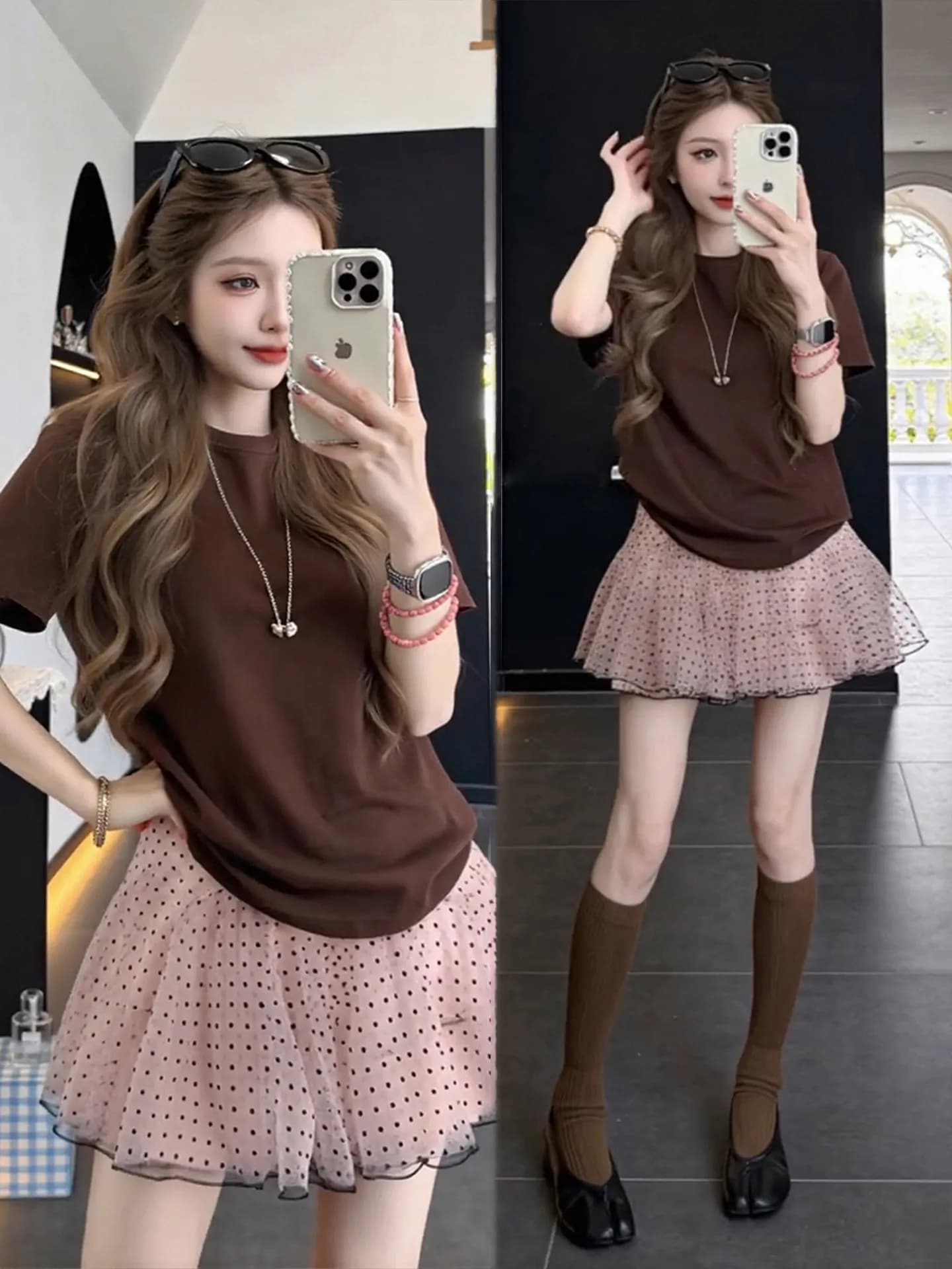 Summer plus Size Women's T-Shirt And Half Skirt Polka Dot Set Casual Loose Fit round Neck Short Sleeve Breathable Polyester