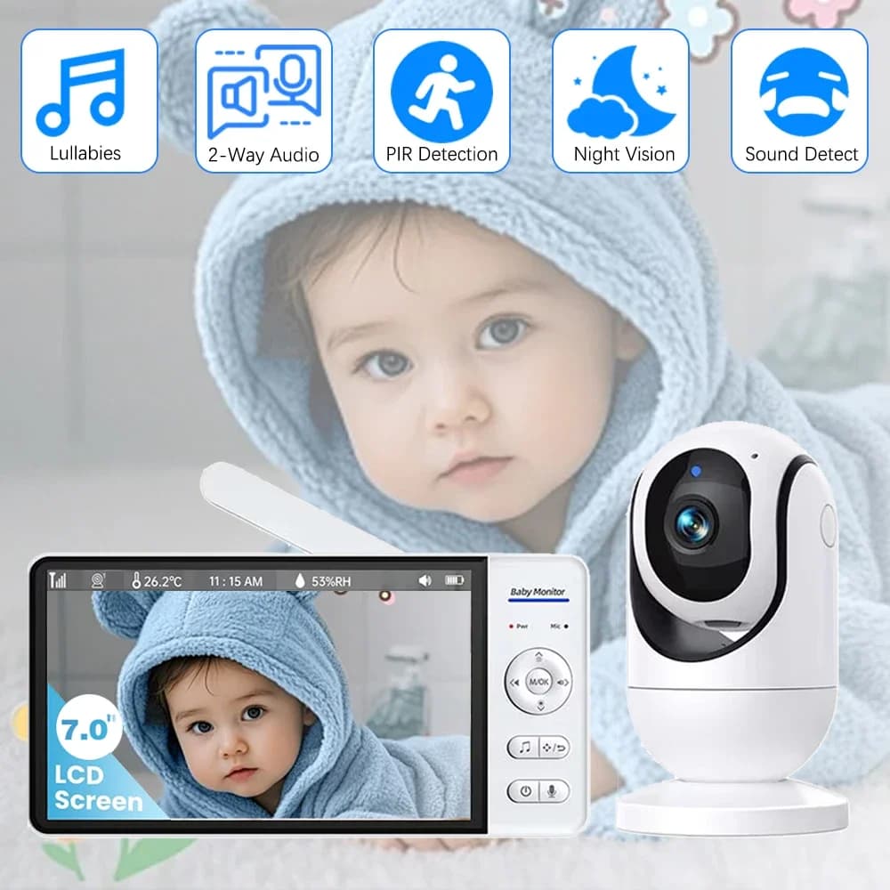 Smart Schermo da 7,0 pollici Baby Monitor Batteria da 5000 mAh Sicurezza interna Rilevazione del suono Video sorveglianza Temperatura Ninne nanne Cam