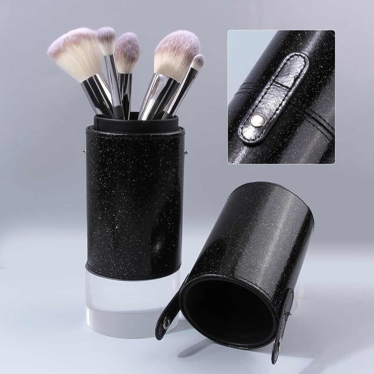 Elegante Porta Pennelli da Trucco in Pelle Nera, Organizzatore da Scrivania, Contenitore per Penne, Custodia Portatile da Viaggio