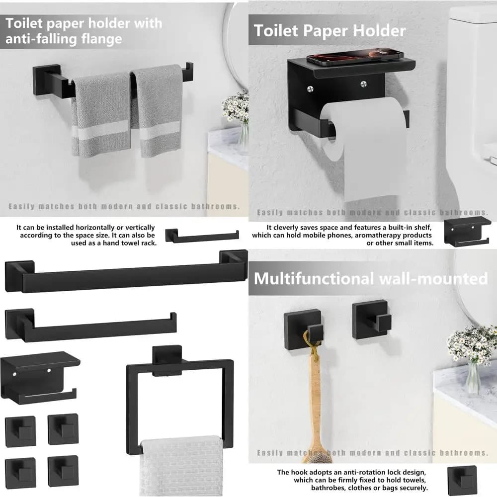 Set di accessori da bagno contemporanei da 8 pezzi in nero opaco: include portasciugamani, barra, ganci, supporto e anello