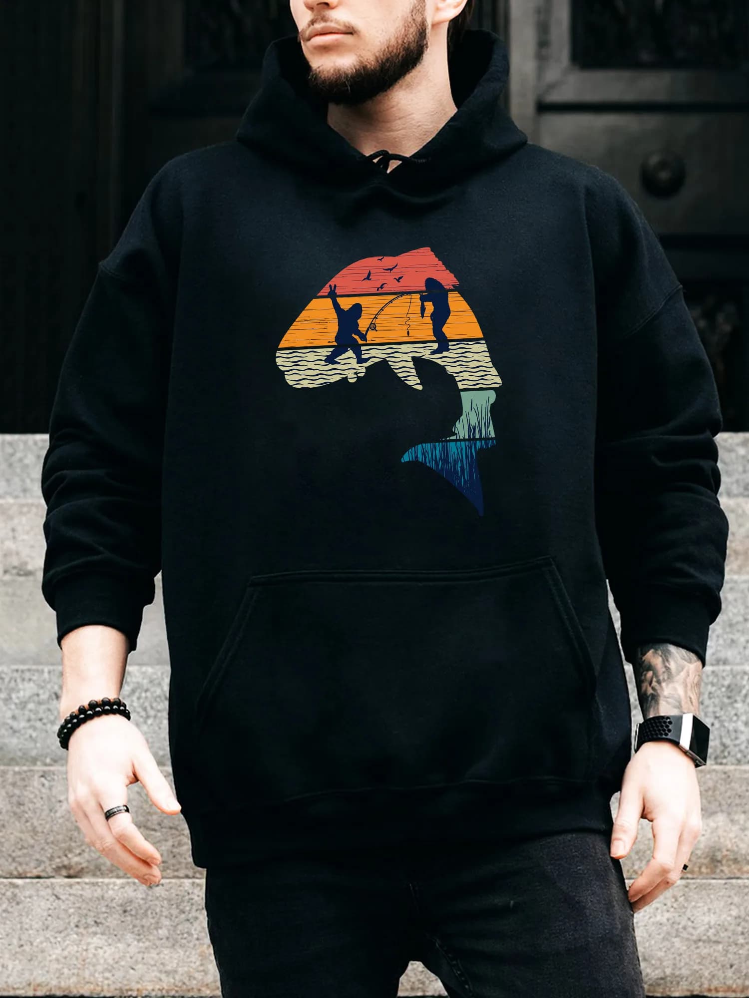 Felpa con cappuccio da uomo con coulisse Bigfoot Fishing - Pullover nero casual e confortevole, felpa con cappuccio autunno e inverno
