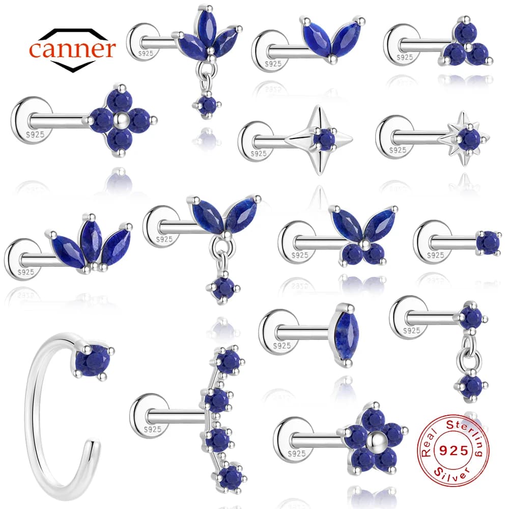 CANNER 1PC 925 Sterling Silver Horse Eye Lazurite Flat Head Thread Piercing Stud Earring For Women Butterfly Flowers Earring New