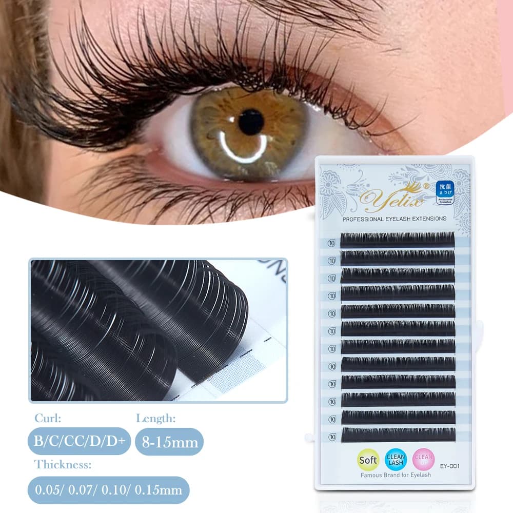 Ciglia Yelix in Seta Lucida Premium, Ciglia Finte Russe Morbide e Leggere 0.05/0.07/0.10/0.15MM, Ciglia Finte Classiche Individuali