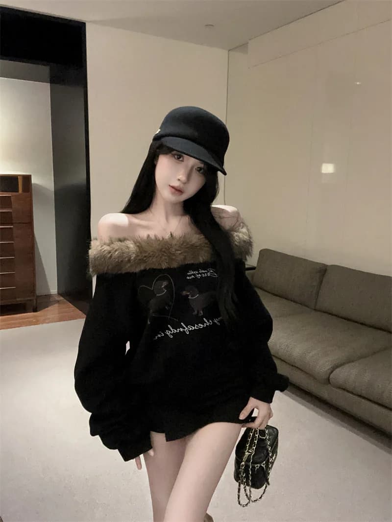 Felpa con cappuccio da donna in pile foderato con stampa cane, monospalla, stile coreano, a maniche lunghe, casual, per l'inverno