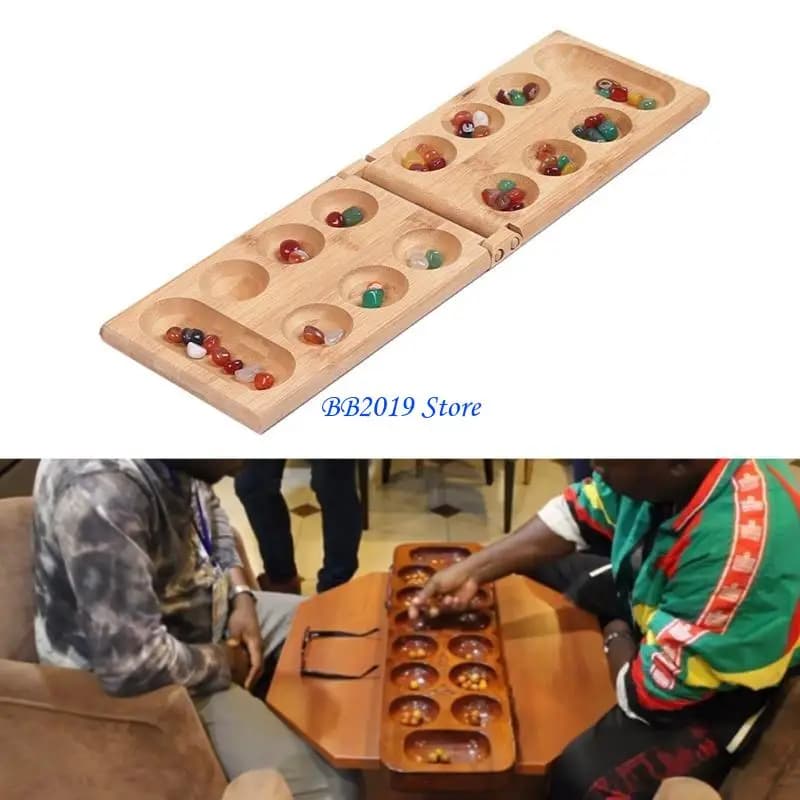 Q0KB Africa Mancala Gioco da Tavolo con Pietre Naturali Colorate Ciottoli Pieghevole Set Scacchi in Legno per Bambini Viaggi