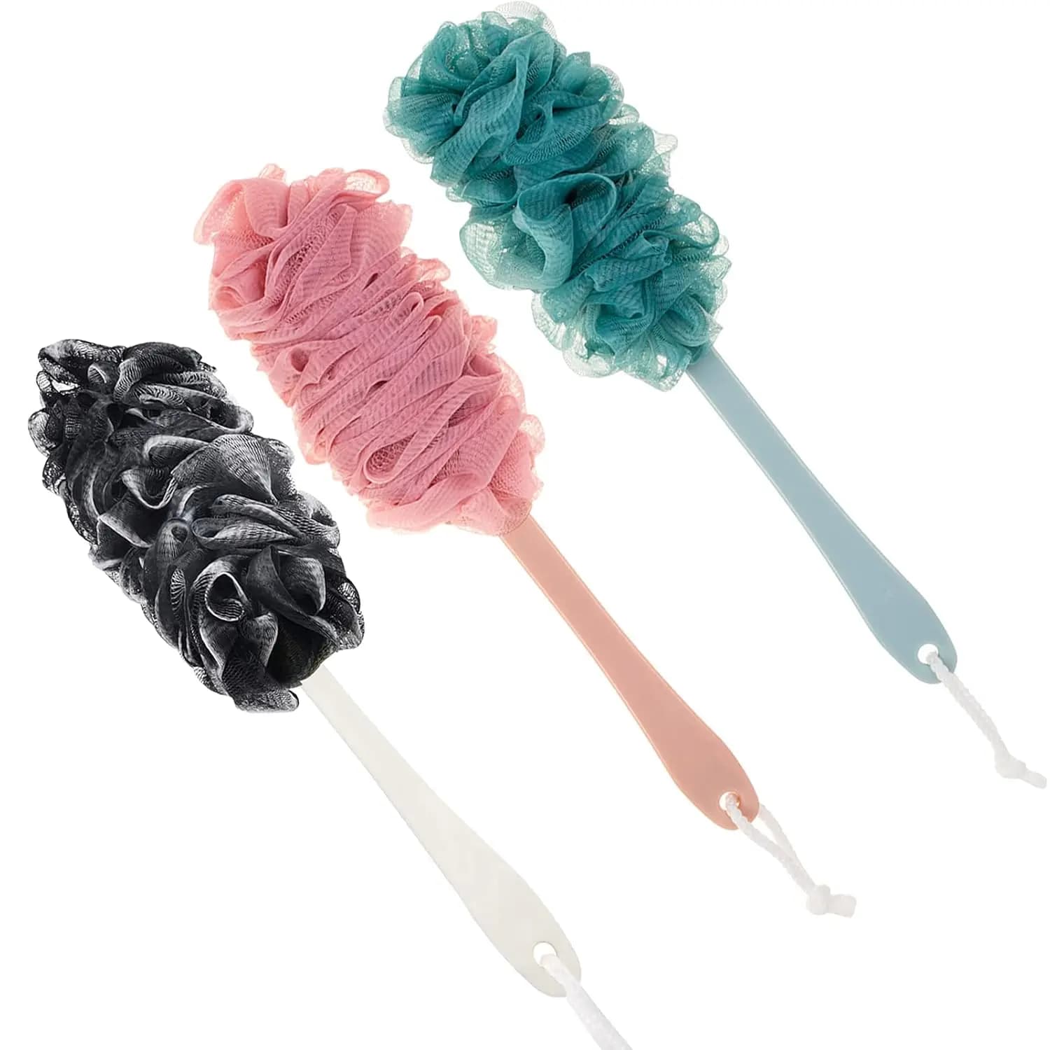 Spazzola per la schiena con manico lungo e rete in nylon morbido, esfoliante per la doccia - Confezione da 3 pezzi misti per uomini, donne e anziani