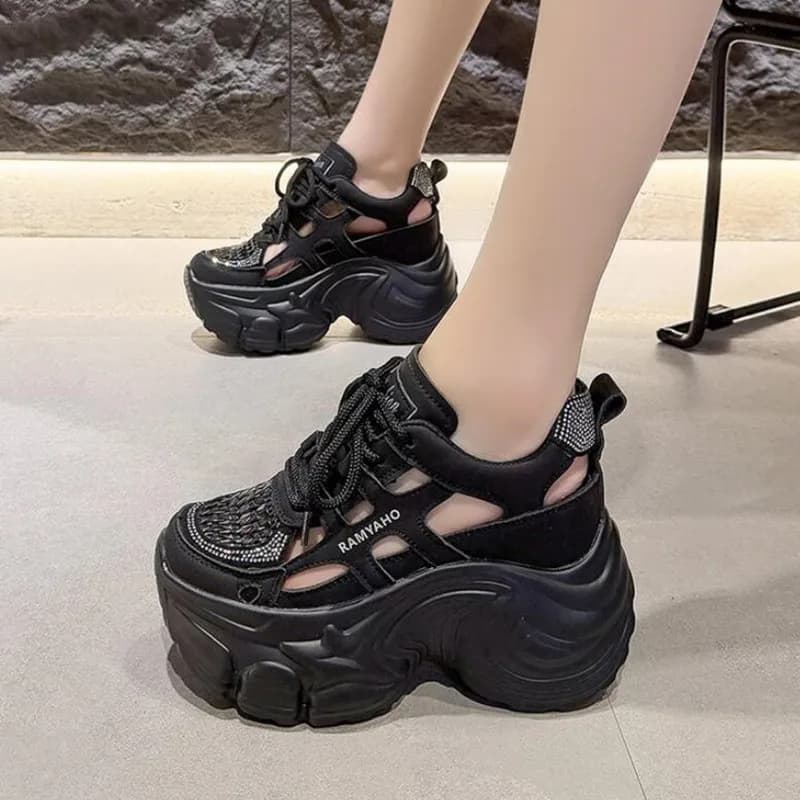 Women Hollow 10cm Platform Sneakers Rhinestone Cutout Back Open Chunky Dad Shoes Lace Up High Wedge Sandals Casual Sports Shoes