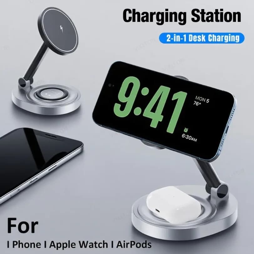 Supporto per telefono caricabatterie wireless magnetico pieghevole 2 in 1 per Magsafe iPhone 17 16 15 14 13 12 Airpods 4/3 Pro 2 ricarica rapida
