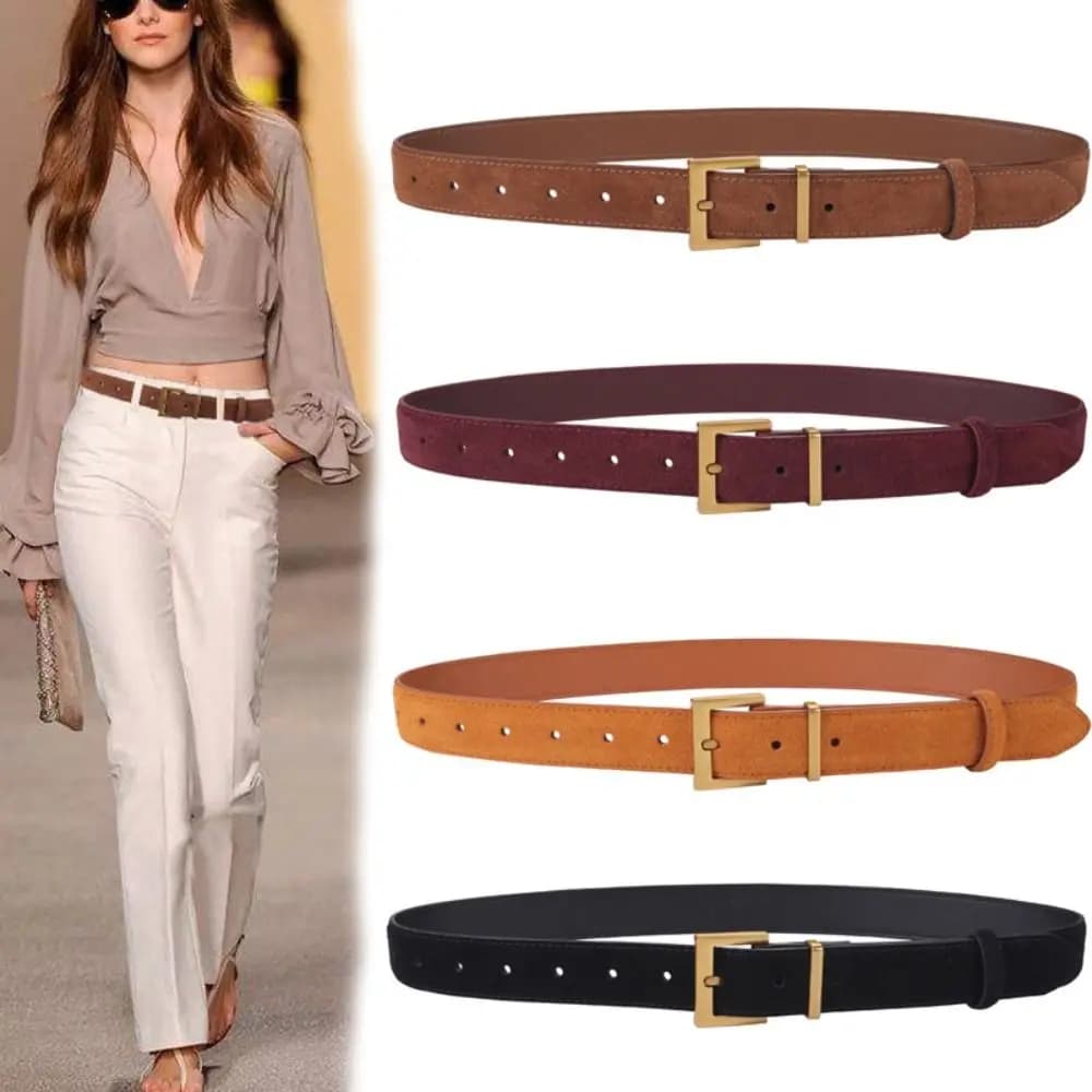 Cintura da donna in vera pelle alla moda per abiti jeans con cintura elegante in pelle scamosciata con fibbia ad ardiglione quadrata in lega