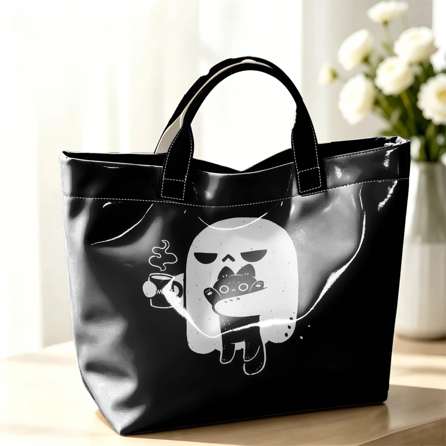 Ghost Coffee Cat Hot Sale Large Glossy PVC Tote Bag Hand Washable Waterproof Great for Travel Commute Makeup Storage Handbags