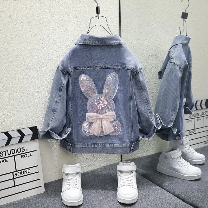 1-12Y Kids Cute Rabbit Beading Print giacche di jeans Turn Down Collar manica intera allentato ragazze primavera autunno Jean Coat 2023