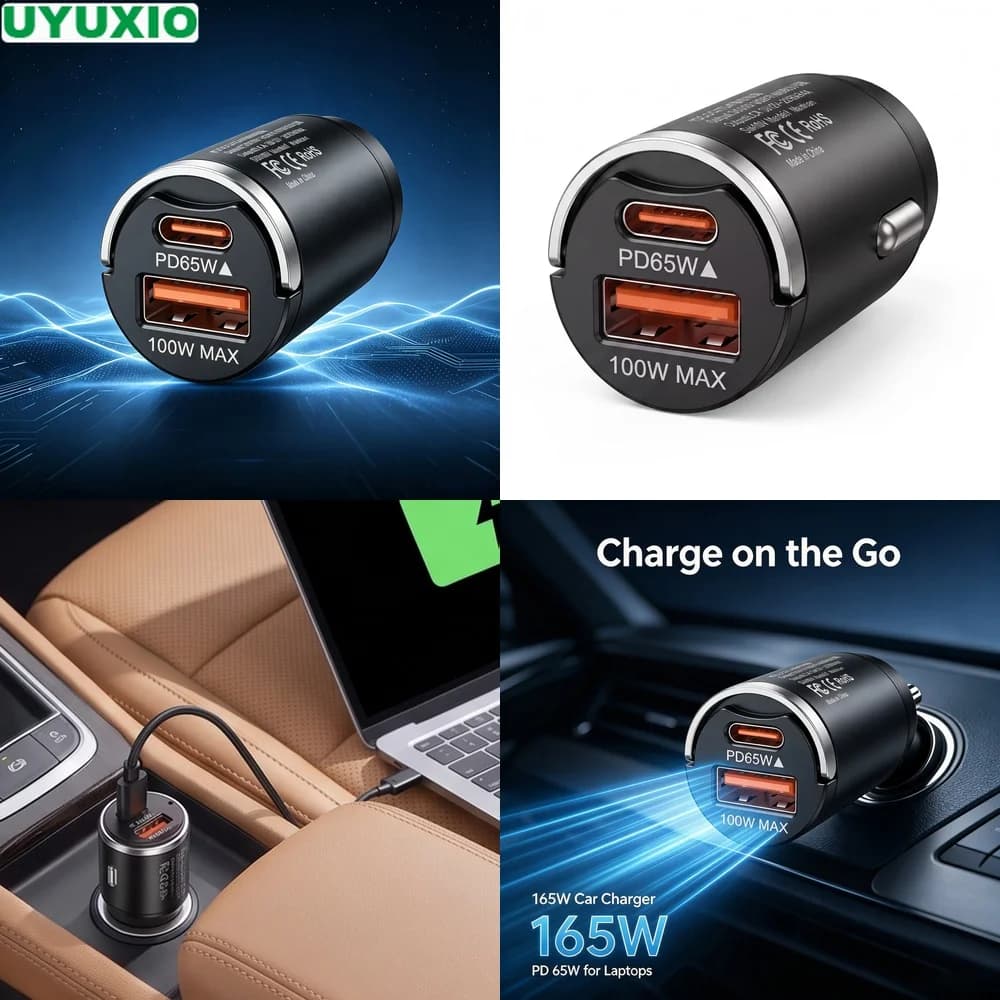 165W Dual Output Car Charger PD 65W Type C and 100W USB A Power for Phones Tablets Laptops and GPS Durable Zinc Alloy Mini Body