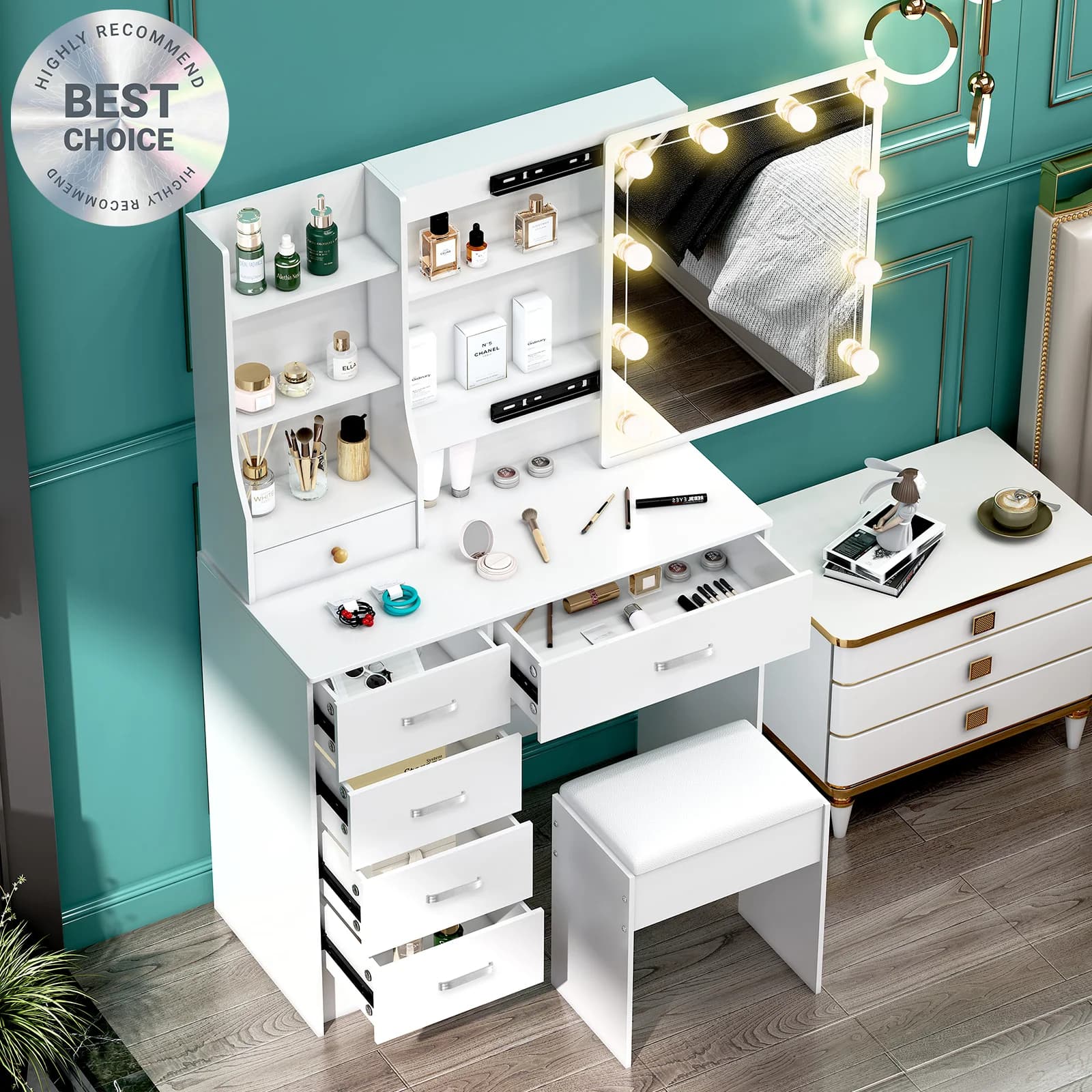 Set da tavolo per trucco, 10 specchietti scorrevoli illuminati a LED, sgabello a 6 cassetti, scrivania, mobili per camera da letto, tavoli da toeletta bianchi