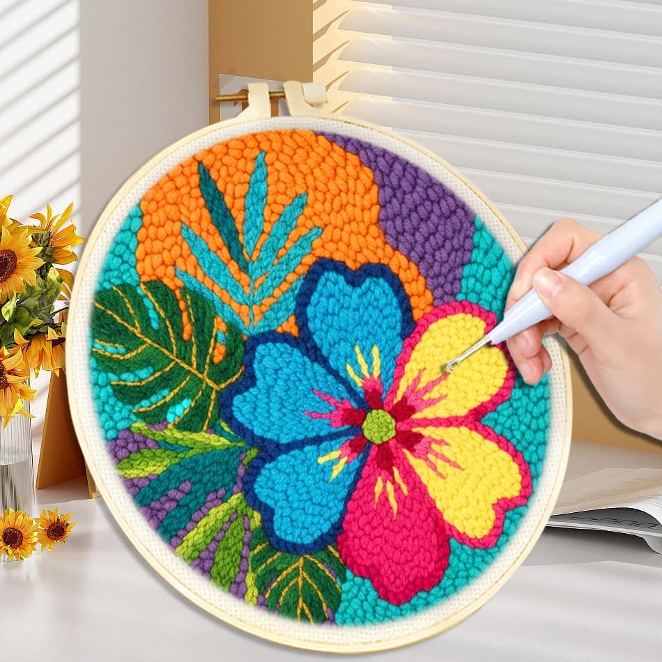 Punch Needle Kits Colorful Floral Punch Embroidery Kits for Adults Beginner Tool with Punch Needle Fabric, Hoops, Yarns and Sewi