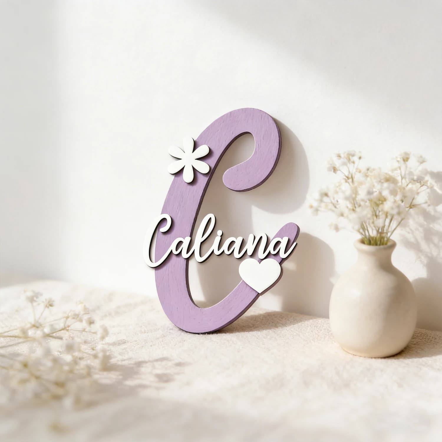 1pc Custom Floral Heart Initial Wooden Name Sign Personalized Cursive Text Wall Door Home Decor Gift