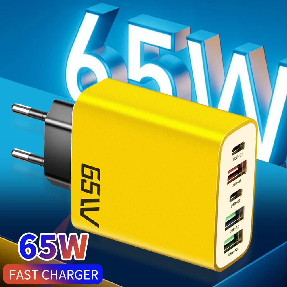 Stazione di Ricarica Rapida USB C a 5 Porte 65W, Adattatore da Muro PD QC3.0 per iPhone Samsung Xiaomi Huawei, Spina EU UK US