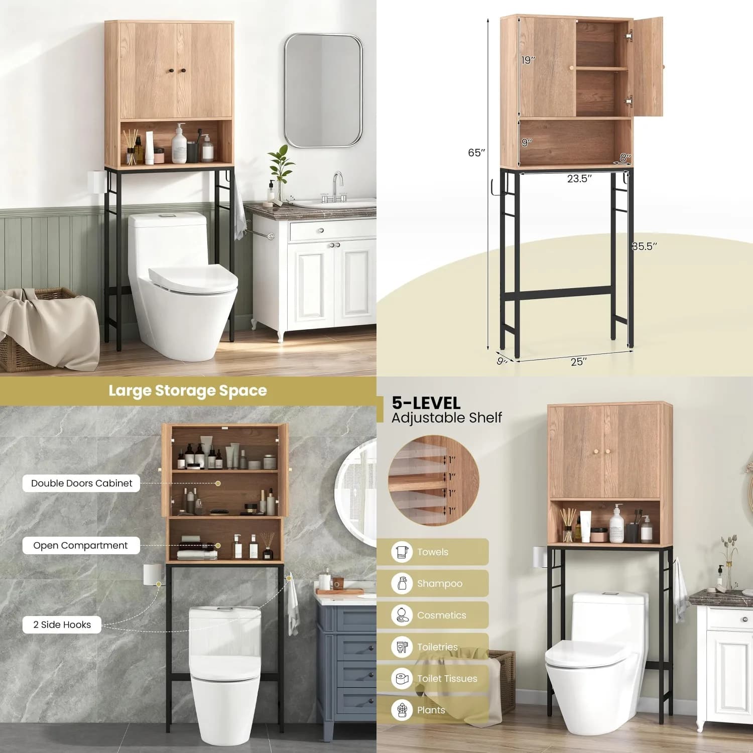 Mobiletto da bagno sopra il WC con porta carta igienica, gancio e ripiano regolabile per lavanderia e bagno, personalizzabile
