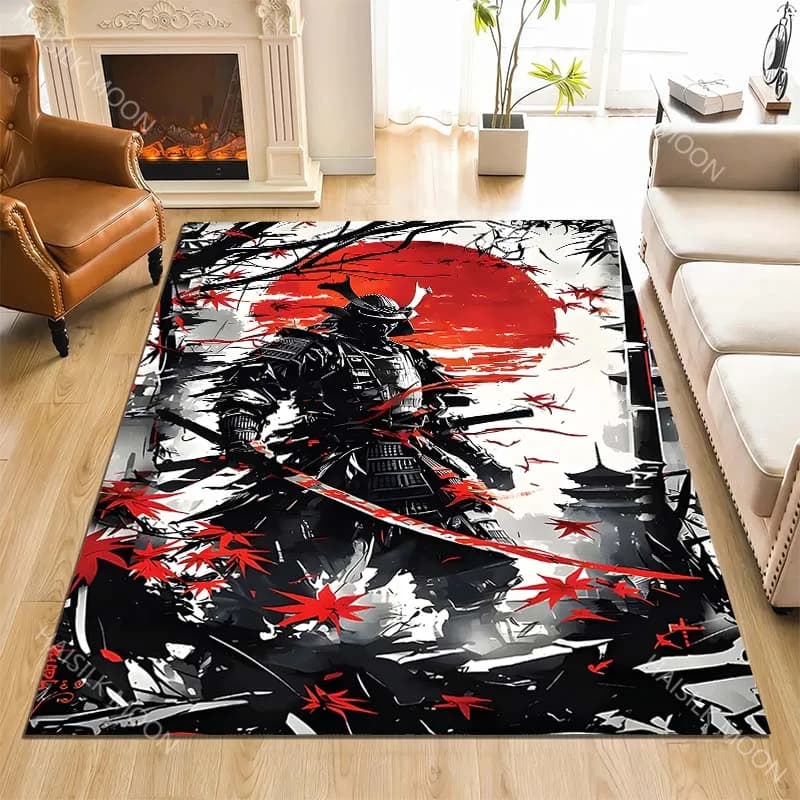 Tappeto con stampa Samurai Red Sun Maple Armor per soggiorno, camera da letto, divano, zerbino, decorazioni per la casa, tappetino antiscivolo