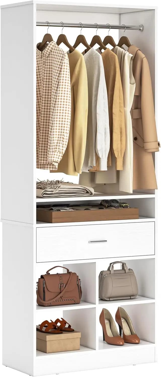 Sistema Armadio Indipendente con Cassetto in Legno e 4 Scomparti, Organizzatore per Armadio con Aste Appendiabiti e Ripiani, 25'' L X 80'' H