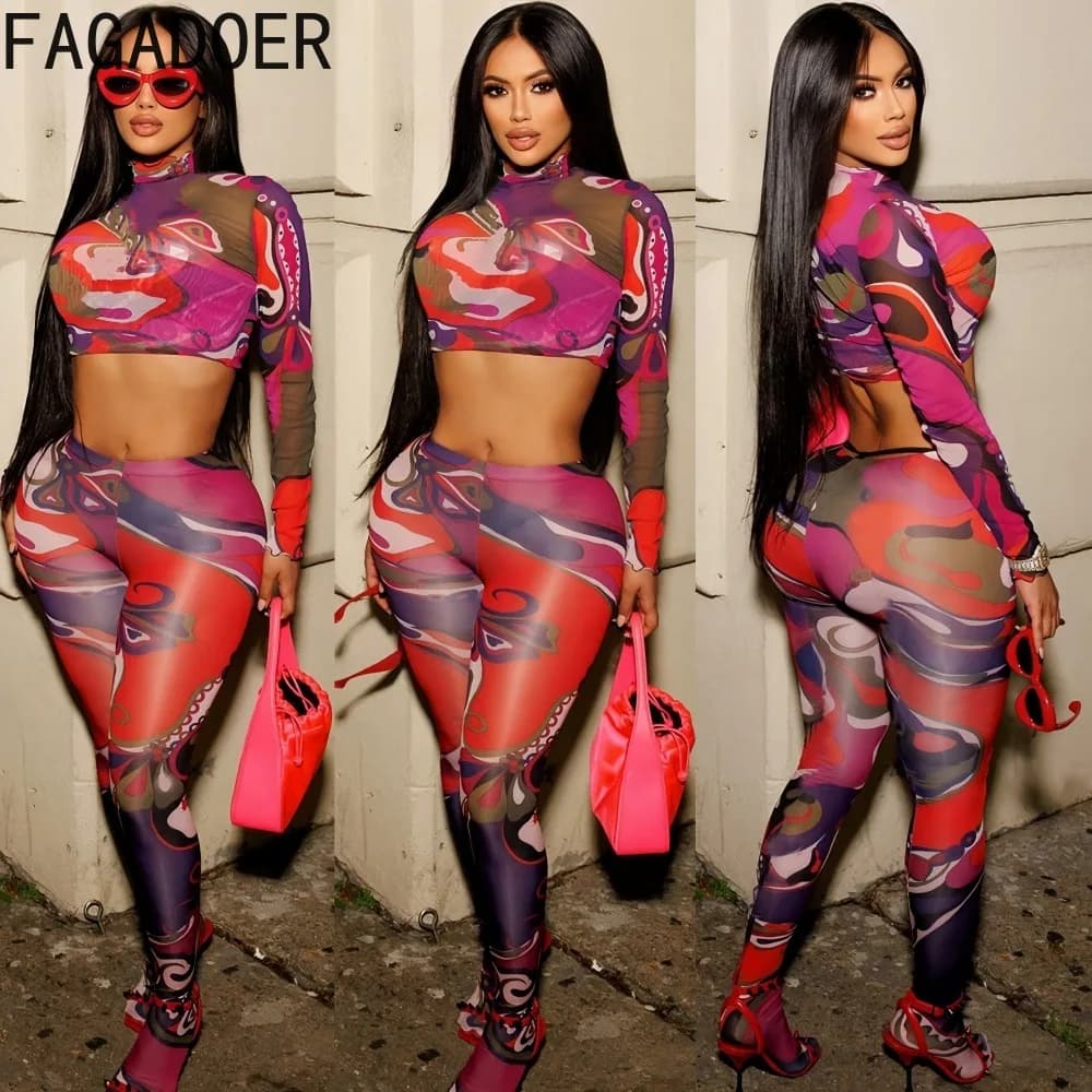 FAGADOER Sexy Mesh Pattern Printing 2 Pieces Set for Woman See Through Long Sleeved Crop Top + Pants Matching Female Streetwear